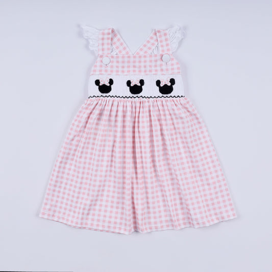 Pink character hand smocked gingham ruffle dress