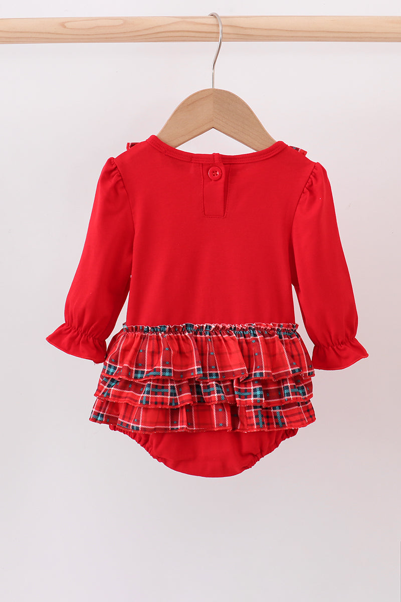 Red tree embroidery plaid ruffle bubble