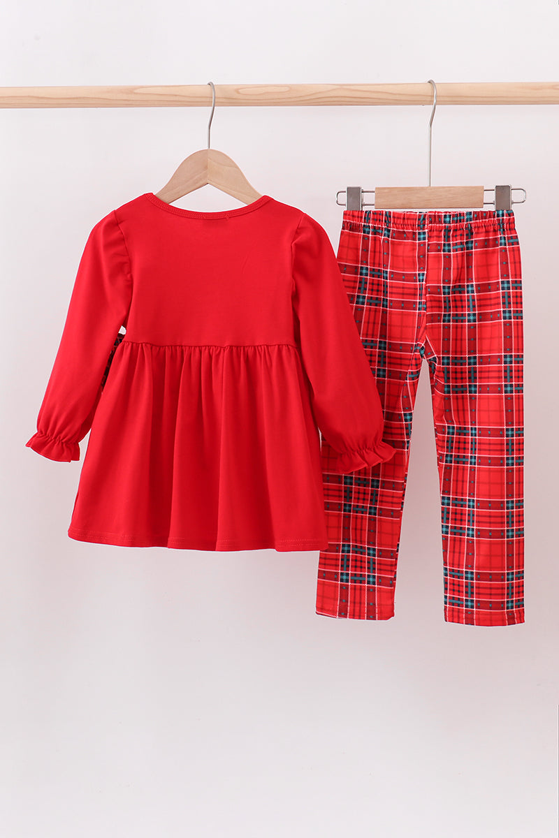 Red tree embroidery plaid bow pants set