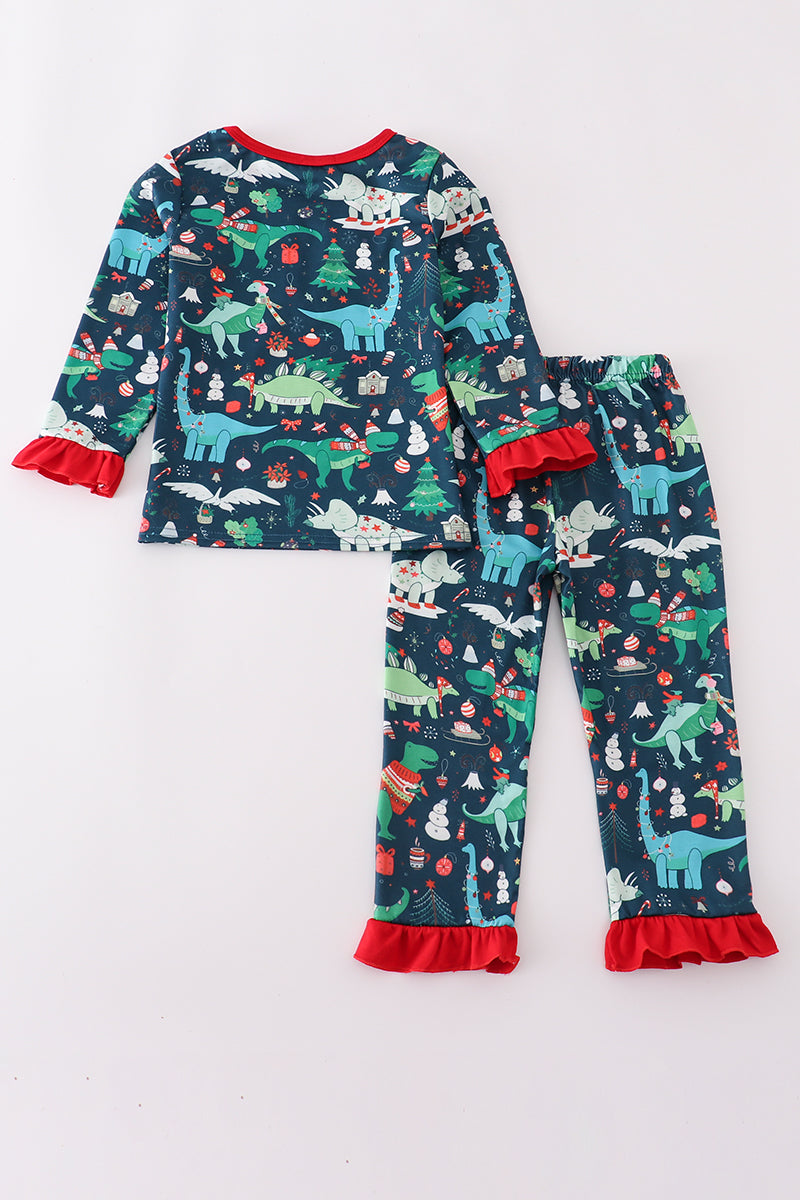 Green dinosaur print ruffle pants set