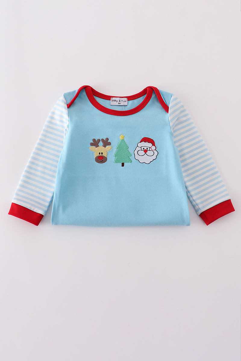 Blue deer tree santa embroidery ruffle romper