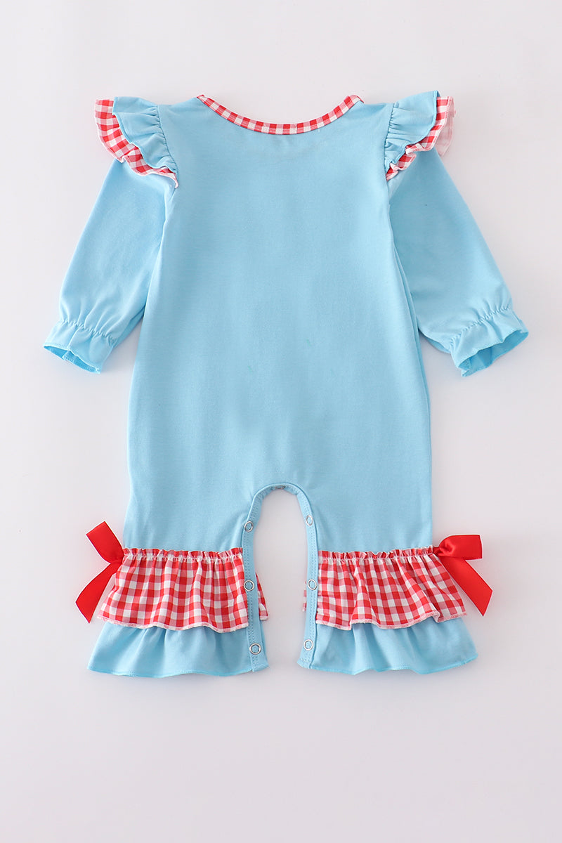 Blue deer tree santa embroidery ruffle romper