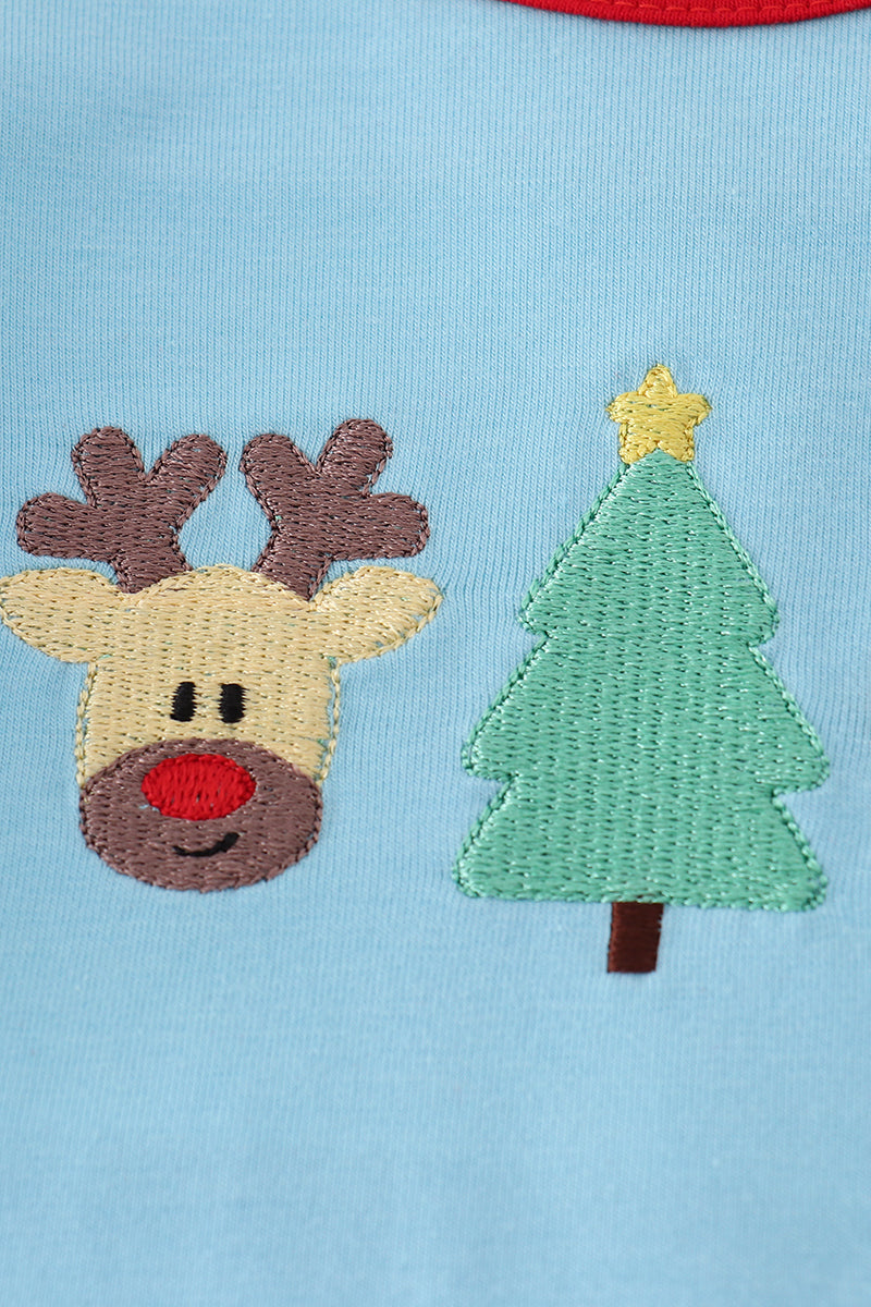 Blue deer tree santa embroidery ruffle romper