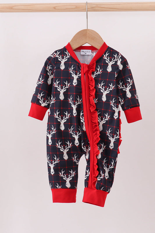 Navy deer print ruffle romper