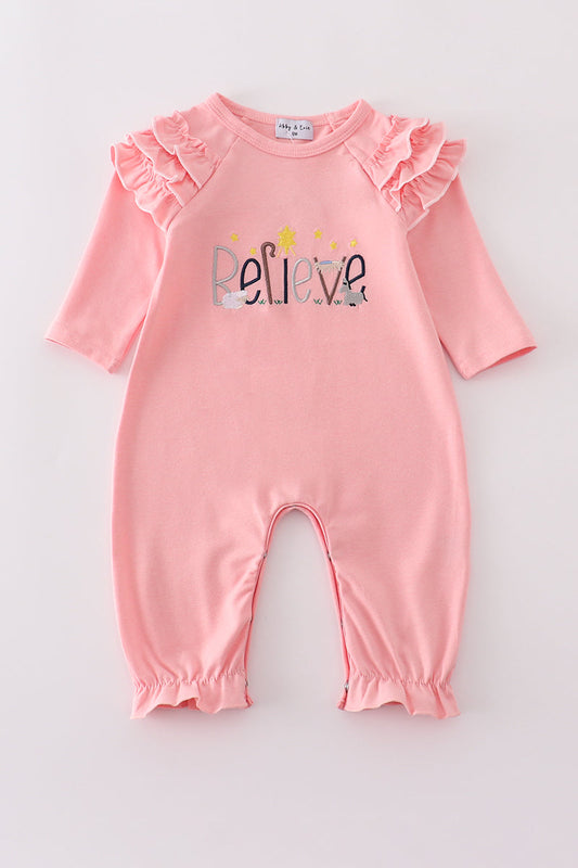 Pink believe embroidery ruffle romper