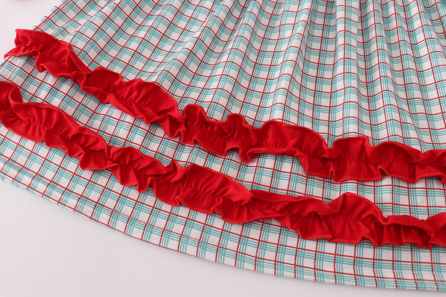 Red gingerbread applique ruffle dress