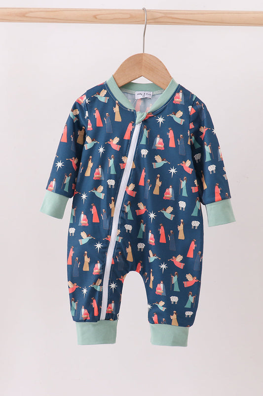 Navy nativity print romper