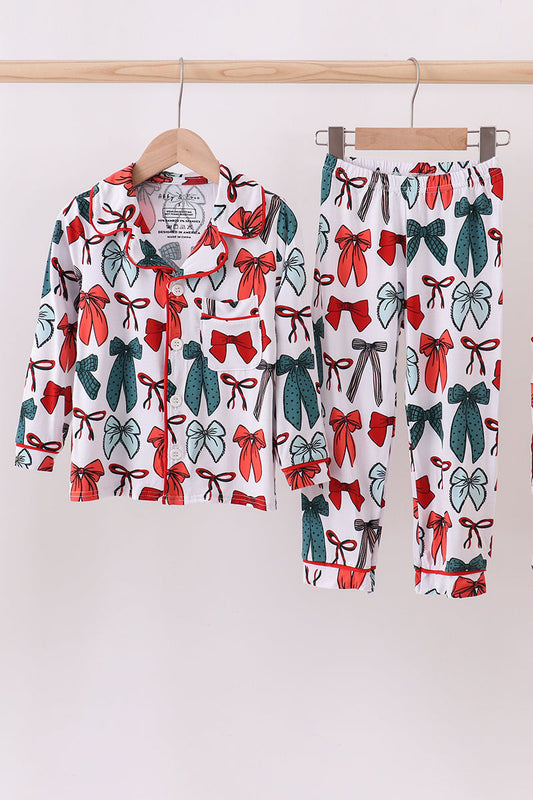 Red bow bamboo girl pajamas pants set
