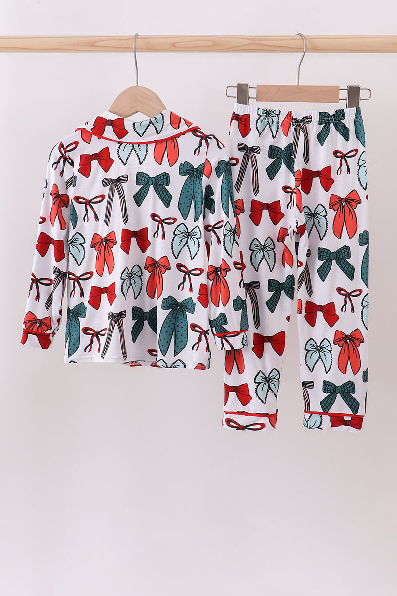 Red bow bamboo girl pajamas pants set
