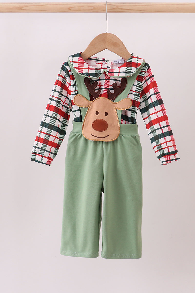 Green christmas reindeer applique plaid 2pc jumpsuit set