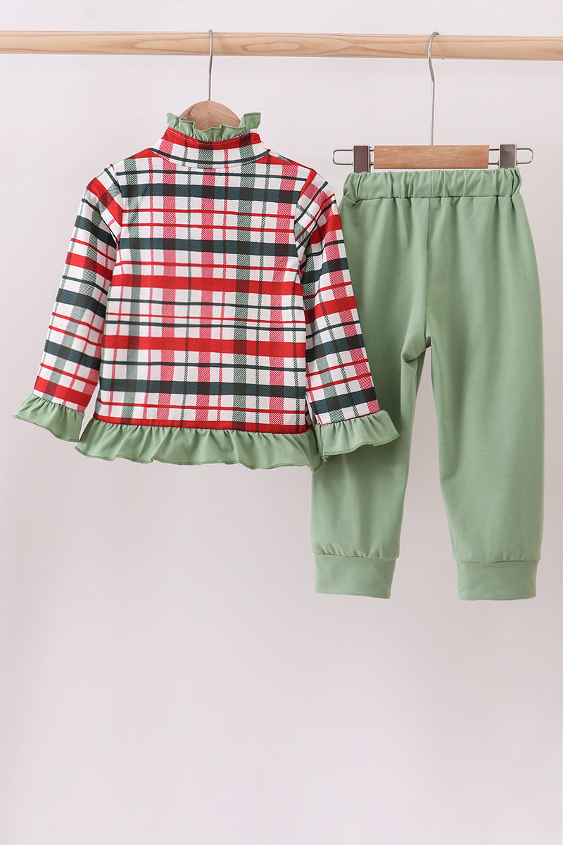 Green christmas reindeer applique pants set