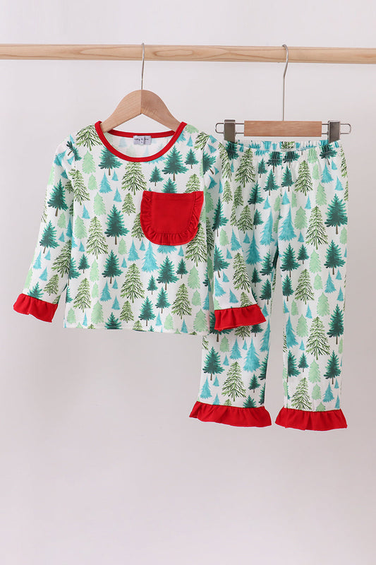 Green christmas tree print ruffle pajamas set