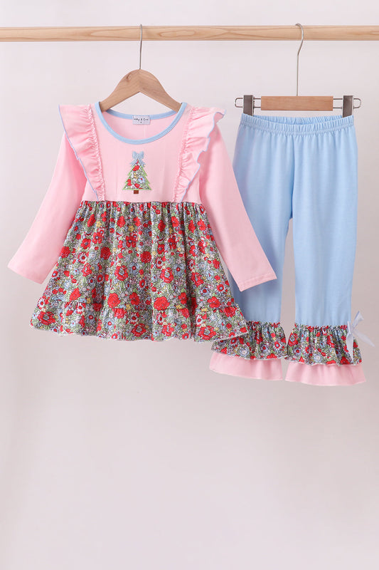 Pink christmas tree applique ruffle dress set