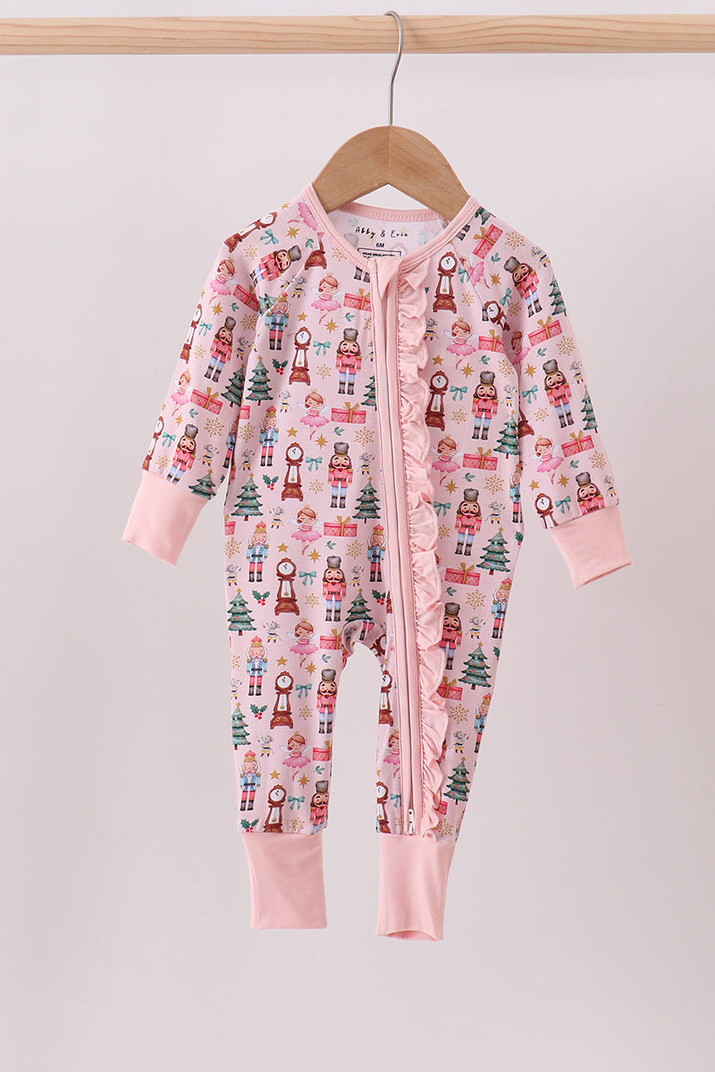 Nutcracker print bamboo ruffle zipper romper