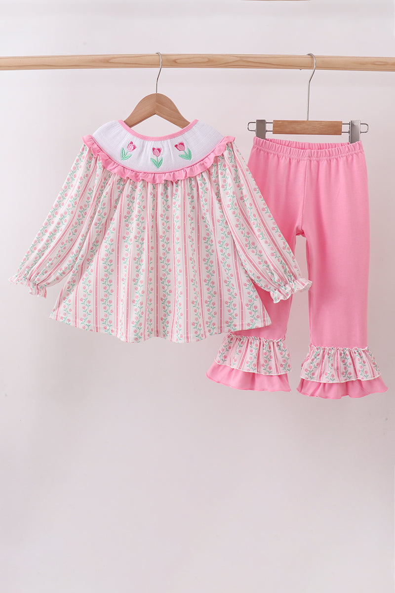 Floral tulip smocked ruffle pants set