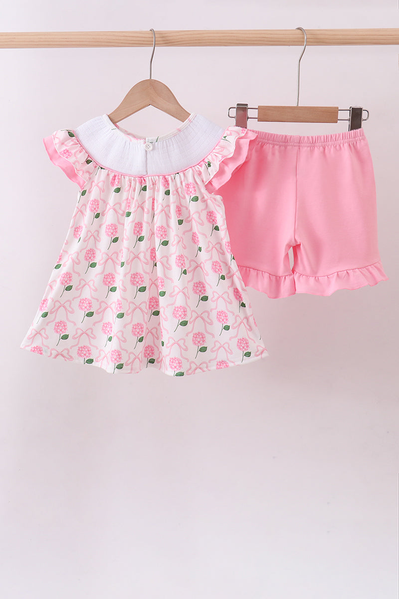 Pink bow hydrangea smocked shorts set
