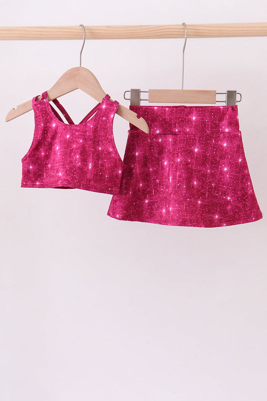 Wine red glitter skort set