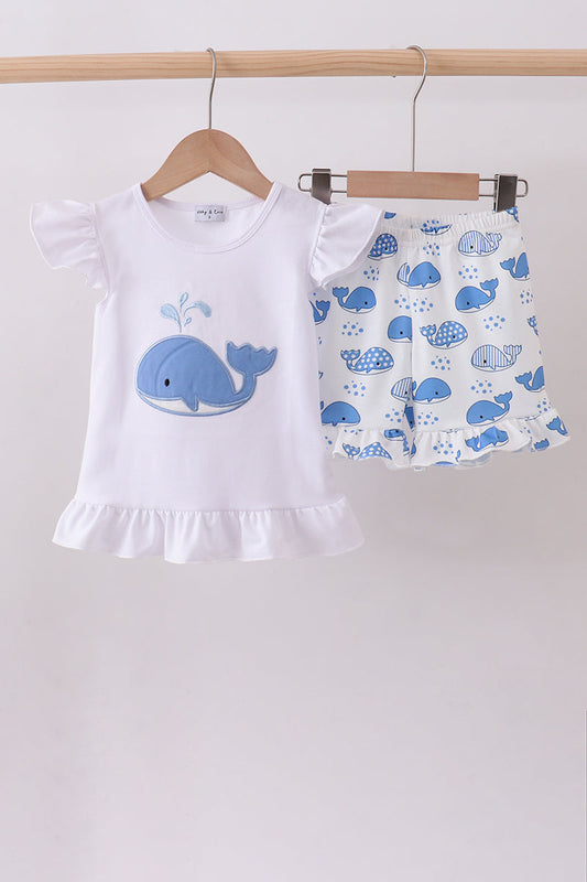 Blue whale applique ruffle shorts set