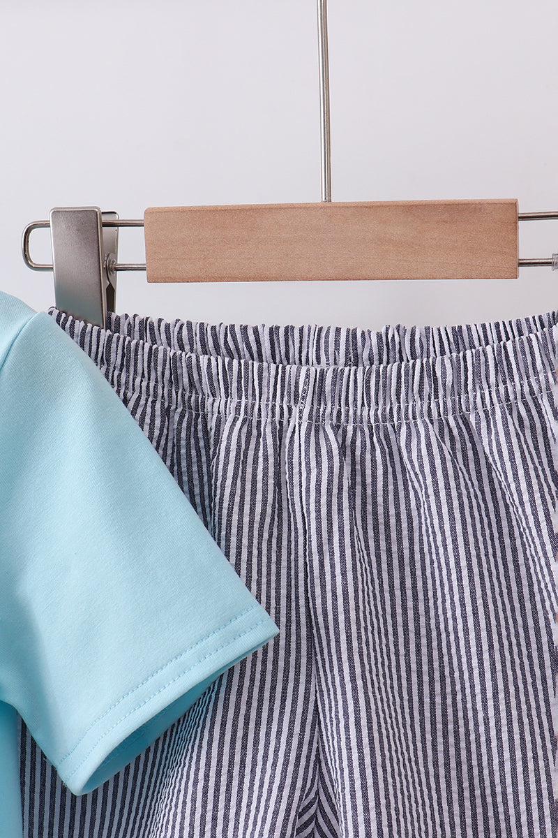 Blue farm animal embroidery shorts set