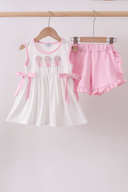 Pink lollipop embroidery ruffle shorts set