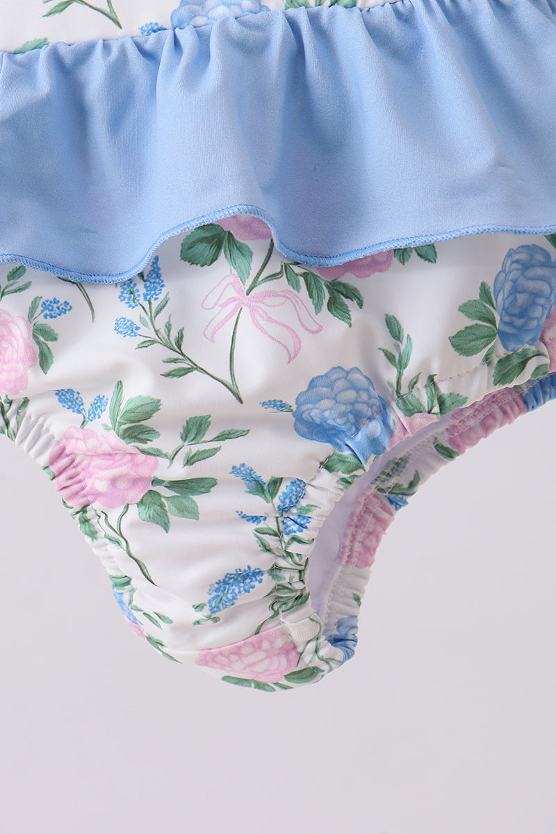 Blue floral smocked gingham one-piece swimsuit