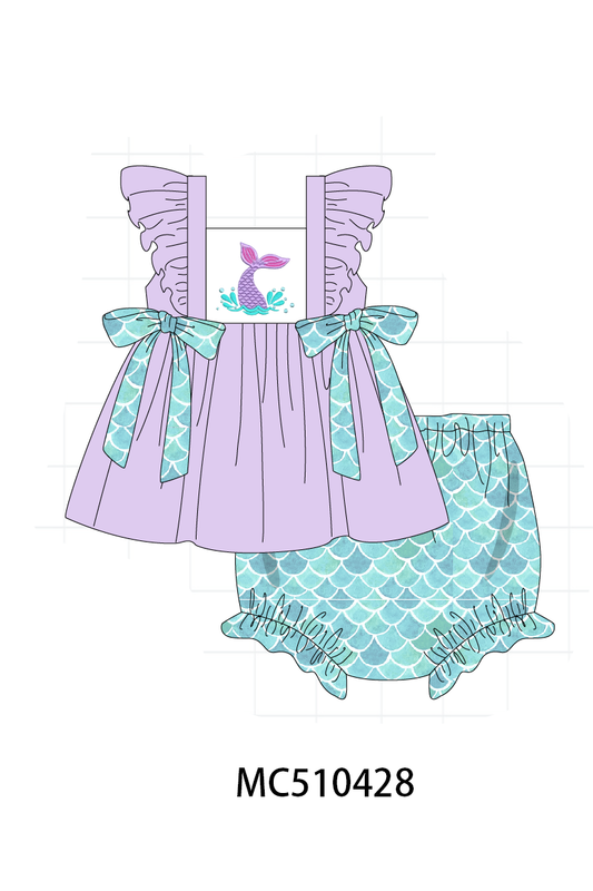 Purple mermaid embroidery ruffle bloomer set