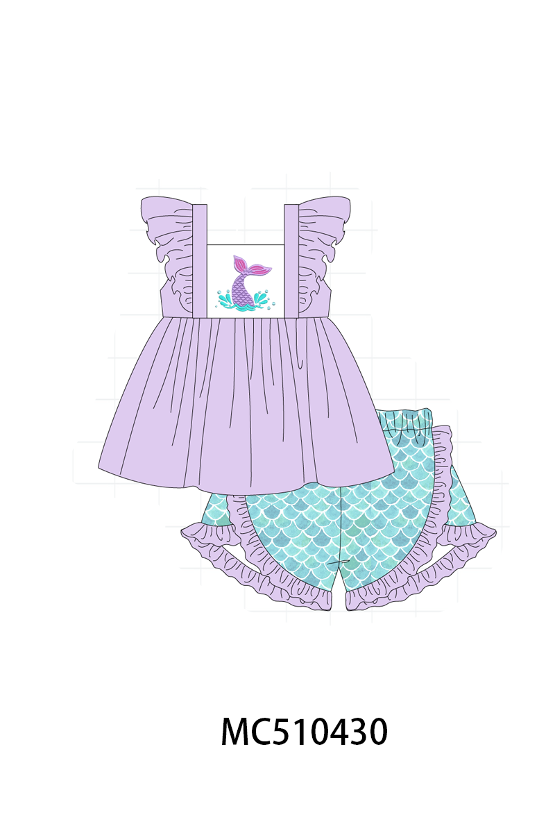 Purple mermaid embroidery ruffle shorts set