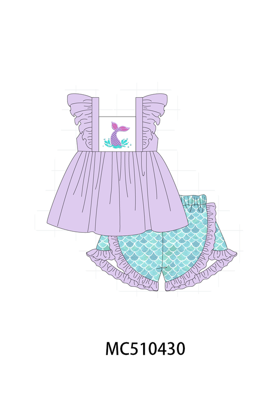 Purple mermaid embroidery ruffle shorts set