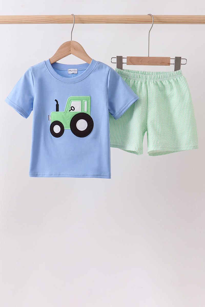 Blue Tractor Applique Seersucker Set
