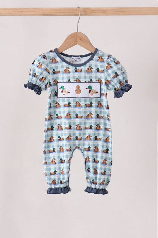 Blue mallard duck embroidery ruffle romper