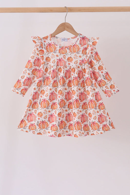 Orange Pumpkin Print Ruffle Dress