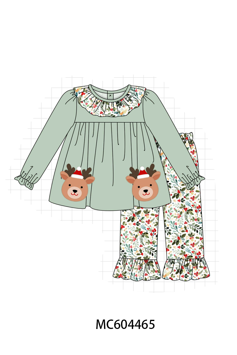 Sage Reindeer Applique Floral Ruffle Pants Set