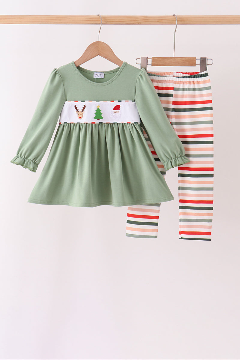 Green Reindeer Tree Embroidery Pants Set