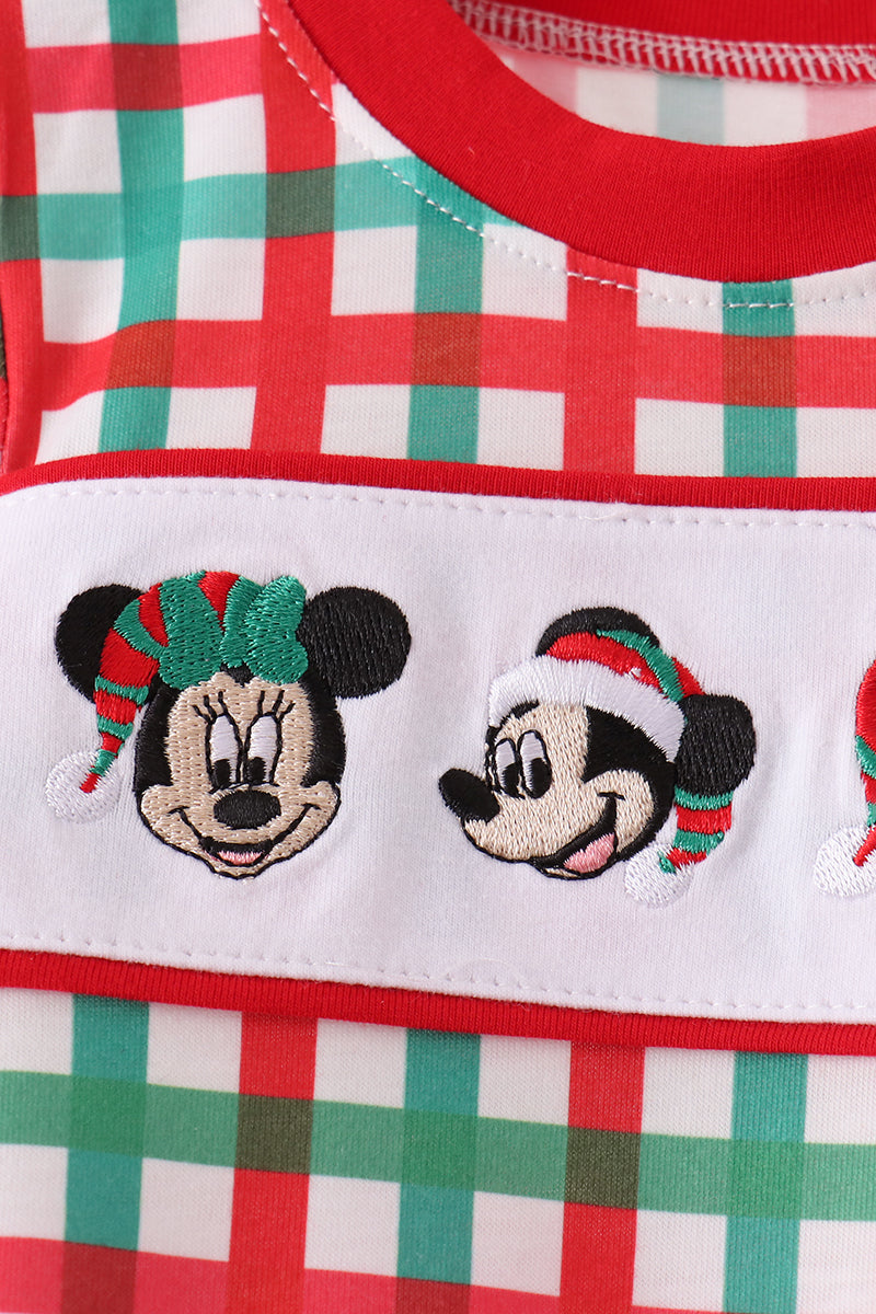 Red Character Embroidery Gingham Romper