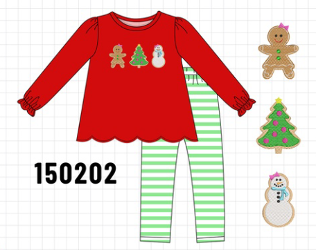 Red Gingerbread Tree Embroidery Pants Set