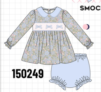 Blue Floral Bow Smocked Bloomer Set