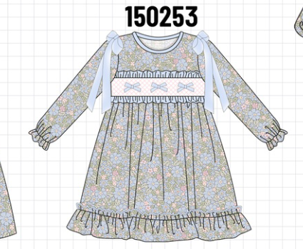 Blue Floral Bow Smocked Ruffle Dress