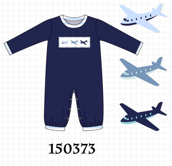 Navy Airplane Embroidery Romper