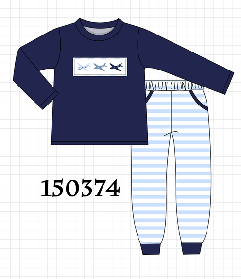 Navy Airplane Embroidery Pants Set