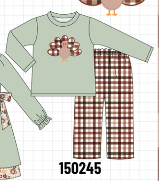 Sage Turkey Applique Plaid Pants Set